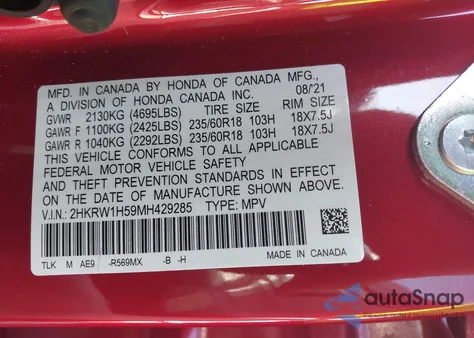 2021 Honda Cr-V 2Wd Ex z USA, uszkodzony, nr VIN 2HKRW1H59MH429285